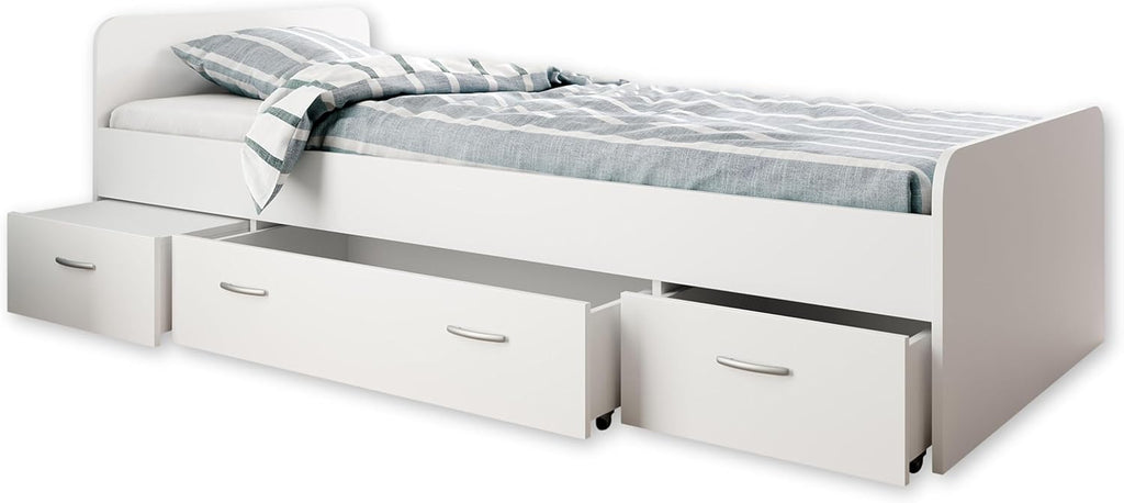 Cama individual moderna Boro con 3 cajones 90 x 200 cm - Práctica cama tipo litera para habitación juvenil en blanco - 95 x 66 x 204 cm (ancho/alto/fondo)