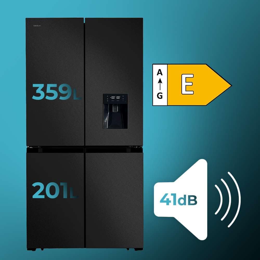 Frigorífico Americano de 4 puertas Cecotec Dark de 564 L Bolero CoolMarket 4D 564 Dark E. 183 cm de altura, 91 cm de ancho, dispensador de agua, motor Inverter Plus, Total NoFrost.