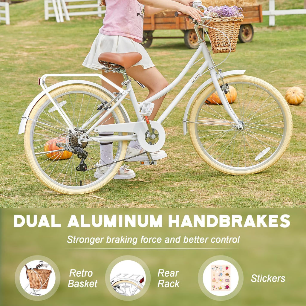 Glerc Missy 20, 24, 26 pulgadas bicicleta híbrida urbana tipo crucero para niñas, de 6 velocidades, con cesta de mimbre, para jóvenes mayores de 6 años, varios colores