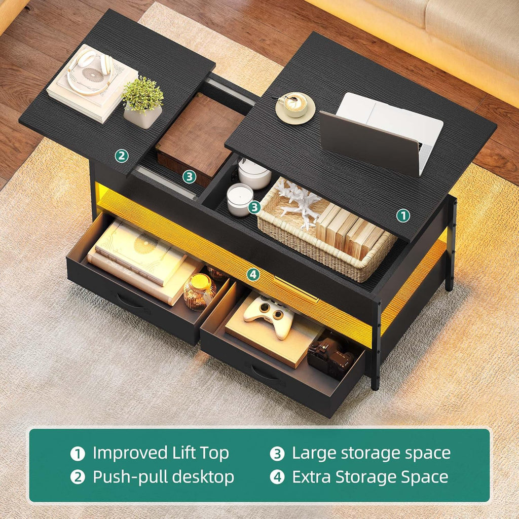 Mesa de centro elevable YITAHOME, mesa de salón con compartimento de almacenamiento oculto para sala de estar u oficina, mesa de centro con almacenamiento, 2 cajones y tira de luz LED, 106 x 50 x 51,5 cm