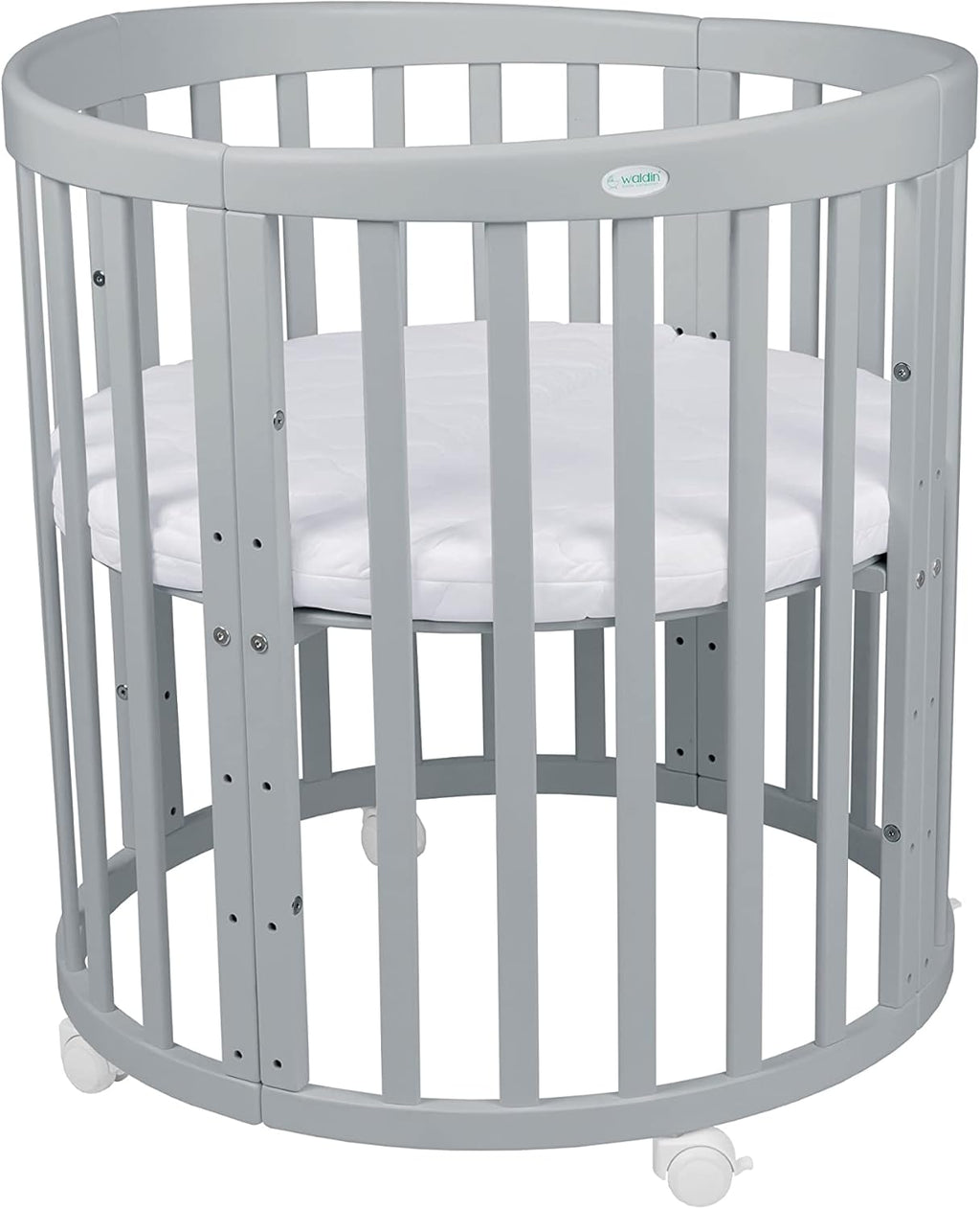 Cuna ovalada evolutiva Waldin, set completo 7 en 1, cuna de barrotes, cama infantil con colchón, cambiador, cuna colecho, madera blanca