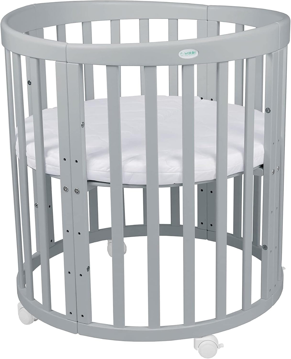 Cuna ovalada evolutiva Waldin, set completo 7 en 1, cuna de barrotes, cama infantil con colchón, cambiador, cuna colecho, madera blanca