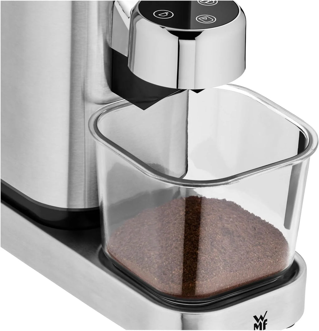 WMF Lumero elektryczny młynek do espresso 150 W, przyciski dotykowe LED, 40 stopni mielenia, pojemnik na kawę, stal nierdzewna Cromargan matowa