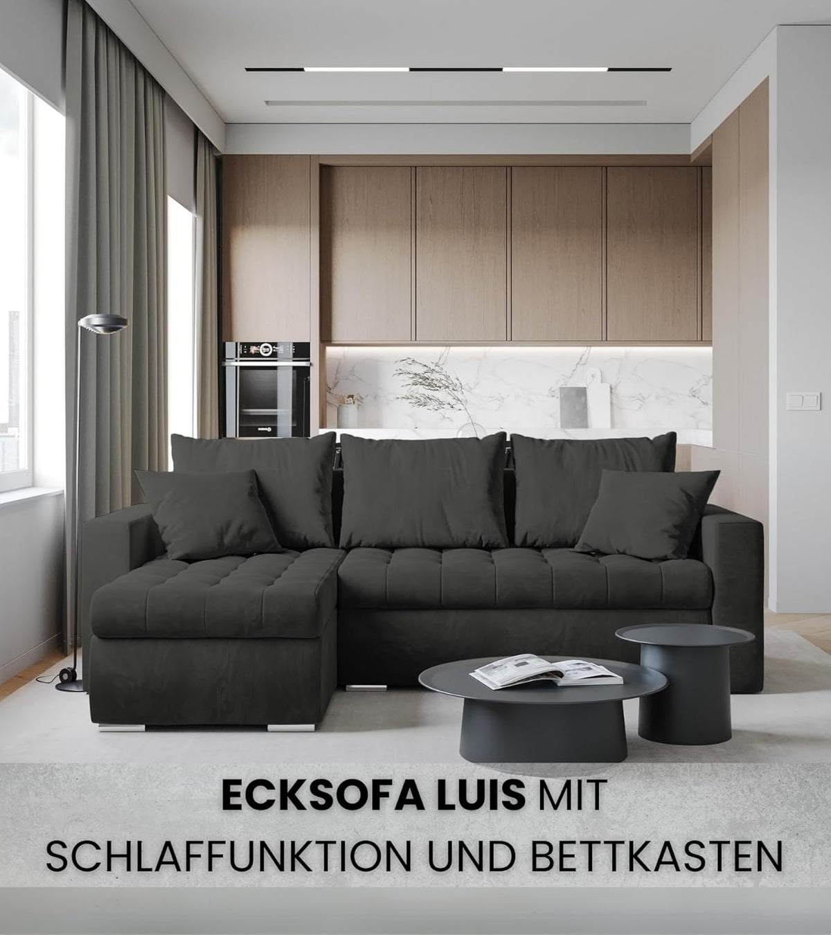 Sofá cama esquinero en forma de L BROMARKT, sofá cama con arcón, mueble de salón LUIS, sofá de 3 plazas con espacio de almacenamiento, 238x150x72 gris claro