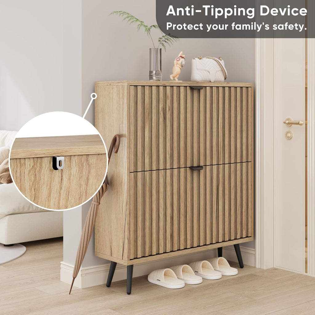 Zapatero Smuxee con 2 cajones abatibles, 80 cm, zapatero oculto natural con diseño estriado, organizador de zapatos independiente para entrada, pasillo, armario, sala de estar