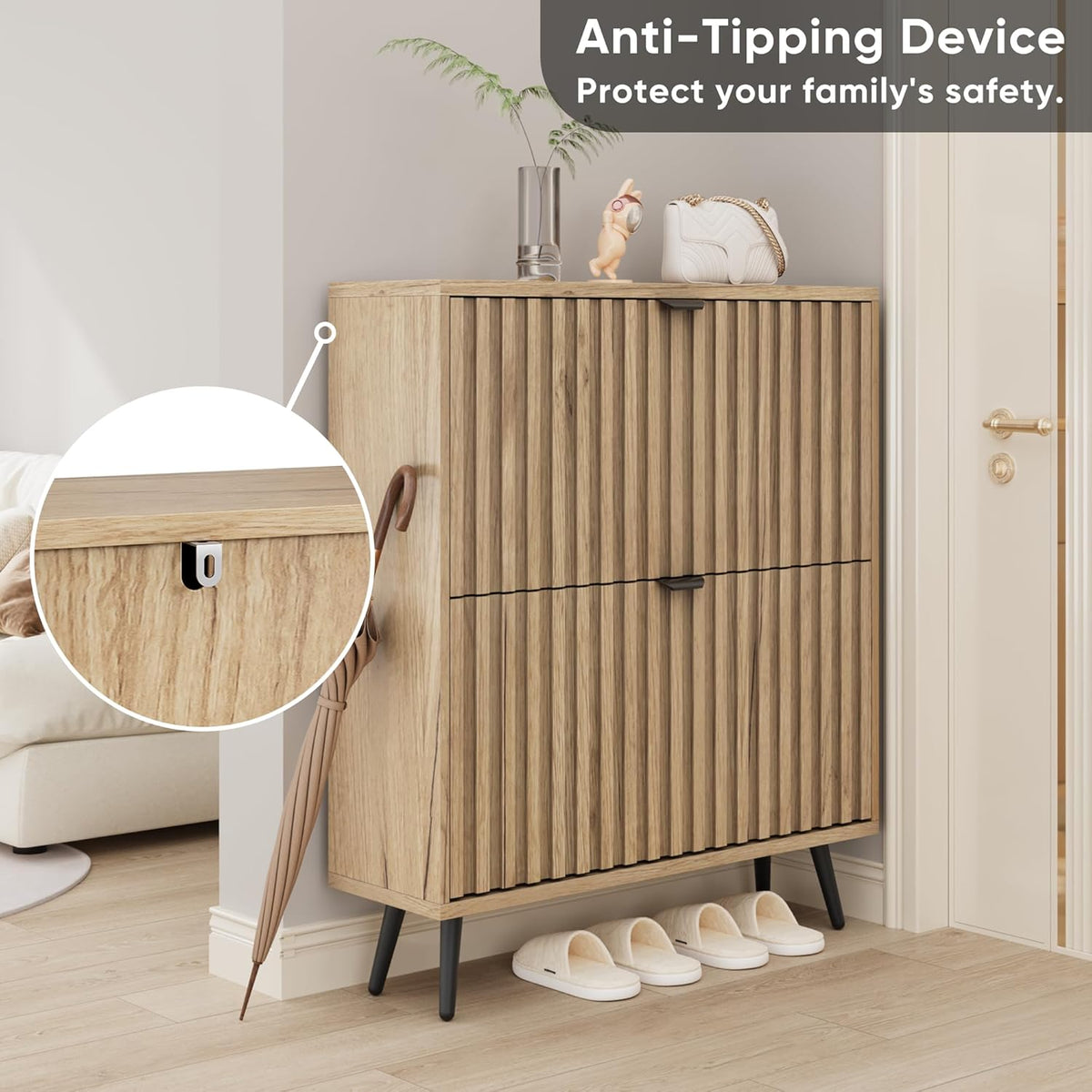 Zapatero Smuxee con 2 cajones abatibles, 80 cm, zapatero oculto natural con diseño estriado, organizador de zapatos independiente para entrada, pasillo, armario, sala de estar