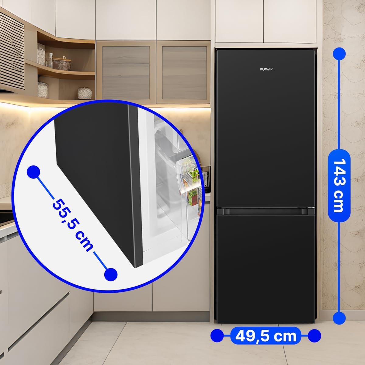 Bomann, KG320, Refrigerador y congelador 175L, Control de temperatura continuo, Bisagras de puerta a la derecha, intercambiables, Patas ajustables, Negro