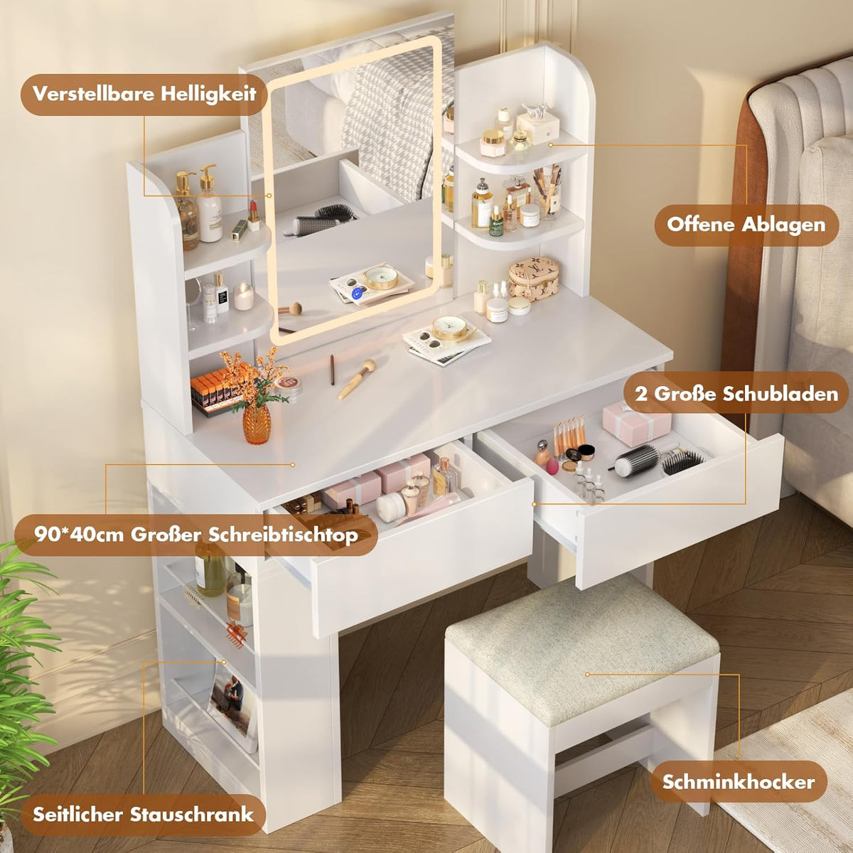 Tocador Devoko con espejo, mesa de maquillaje con espejo LED de brillo ajustable, tocador con taburete, 2 cajones, 4 estantes, moderno, 90 x 40 cm, blanco
