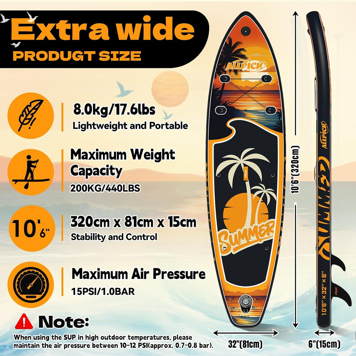 Set de tabla de paddle surf premium ALLPICK, tabla de paddle surf hinchable, con soporte universal para cámara, accesorios completos, remo ajustable, principiantes, avanzados, 200 kg