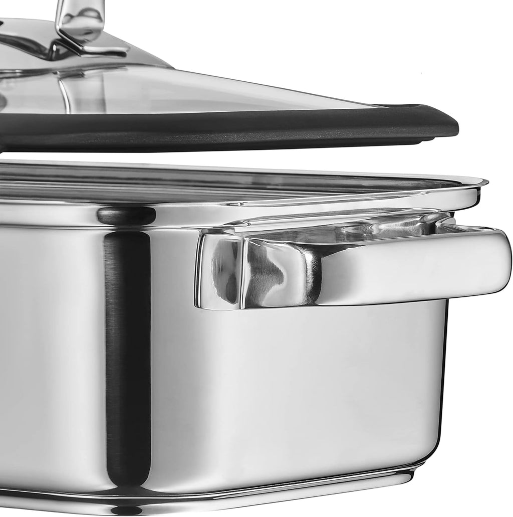 WMF Vitalis Aroma Vaporera, rustidera de inducción, 41x27x10 cm, fuente para horno de 6,5 l, pinzas de servir, tapa de cristal con borde de silicona, termómetro, rejilla de cocción, olla de cocción lenta de acero inoxidable Cromargan sin revestimiento