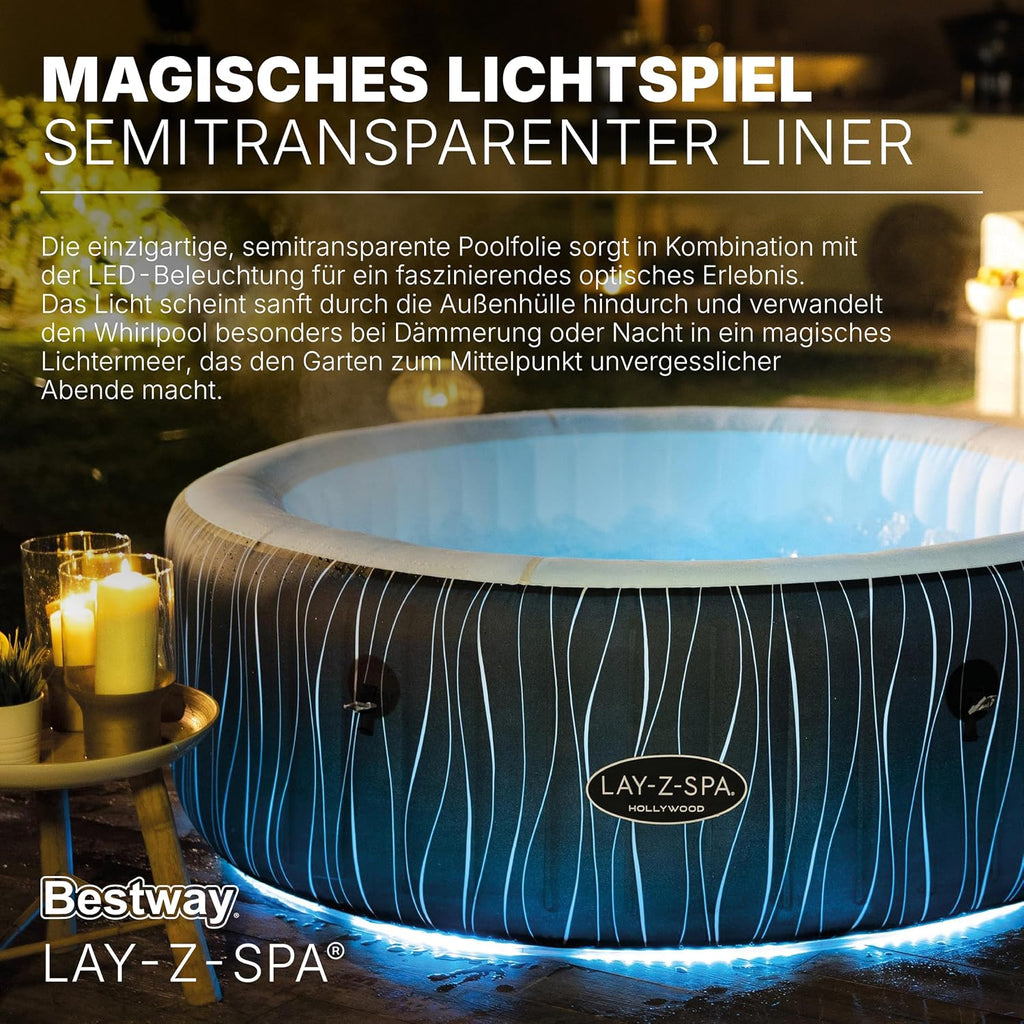 Jacuzzi inflable LED Bestway Lay-Z-Spa Hollywood para 6 personas, Ø 196x66 cm | 140 chorros AirJet, tira de luces LED con control remoto, calefacción hasta 40°C, 4 cojines de espuma