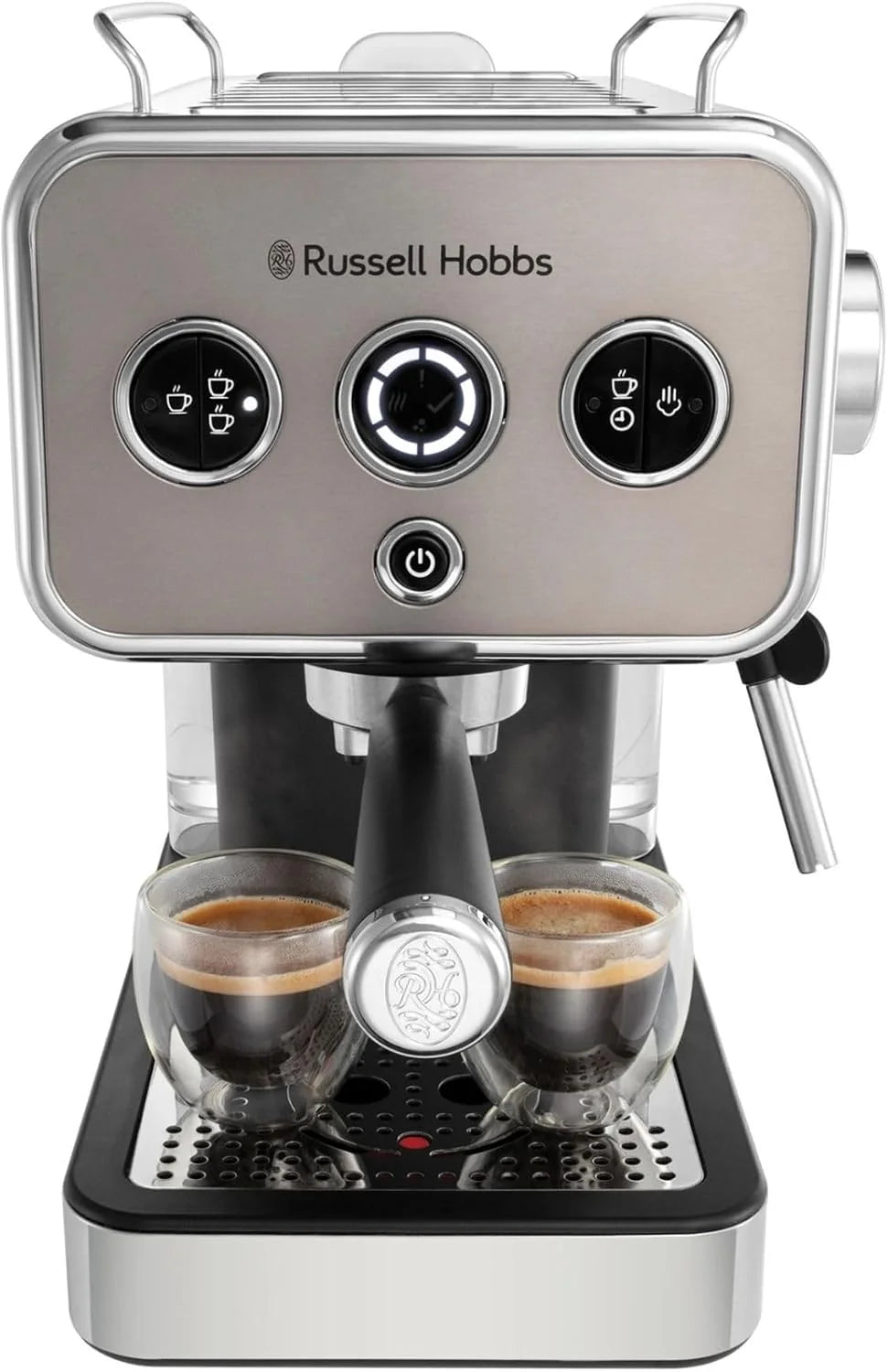Russell Hobbs ekspres do kawy, ciśnieniowy, 15 bar, dysza do podgrzewania/spieniania mleka, podgrzewacz do filiżanek, wskaźnik LED, szczotkowana stal nierdzewna, titanium, 1350W, Distinctions 26452-56
