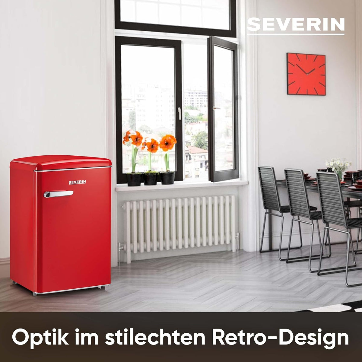 Mini refrigerador retro SEVERIN, incluye opción de refrigeración que ahorra espacio, 2 estantes ajustables en altura, compartimento congelador integrado, extremadamente silencioso - 37 dB, 108 L de capacidad útil, rojo, RKS 8830