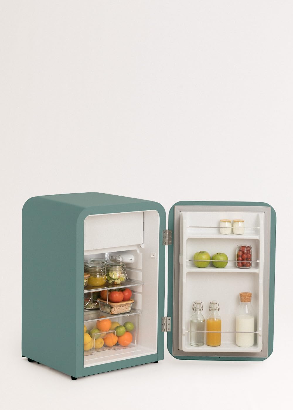CREAR / FRIGORÍFICO RETRO 83,5 PLATA/Refrigerador verde salvia con tirador negro / 98W, bajo consumo, 2 estantes, regulador de temperatura, botellero, 56x54x84cm.