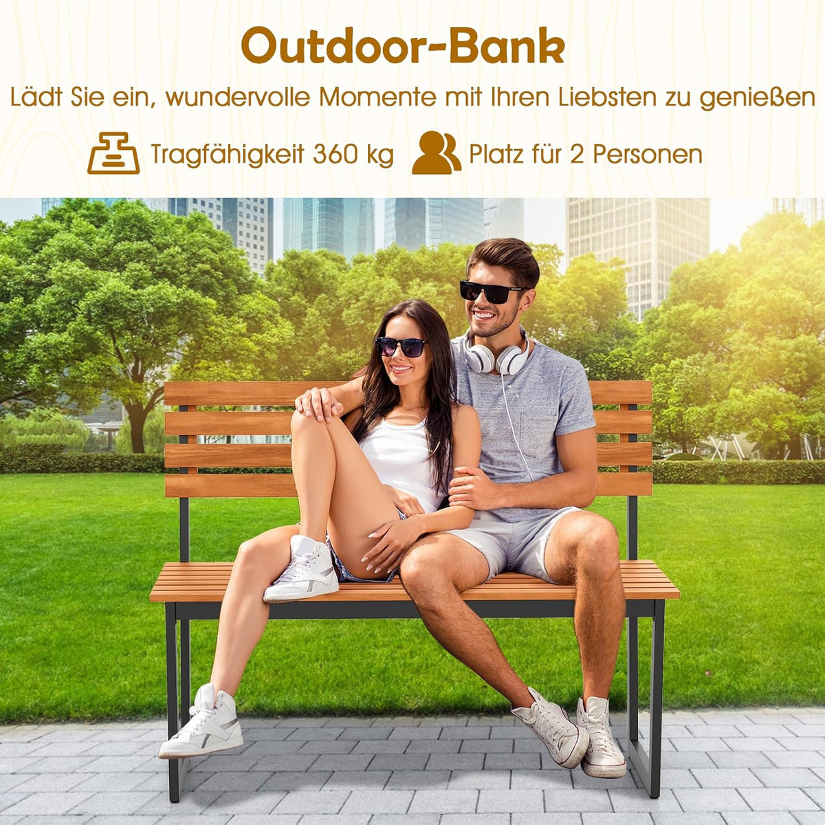 COSTWAY Gartenbank Holz, Holzbank wetterfest, 2-Sitzer Sitzbank aus Akazienholz, Balkonbank mit Metallrahmen, Terrassenbank bis 360 kg belastbar, Parkbank für Garten, Balkon, Terrasse