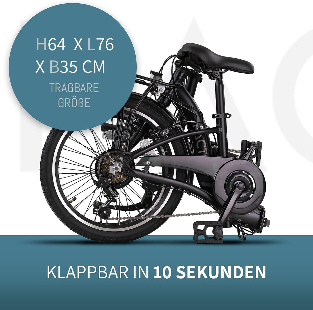 Bicicleta plegable premium PACTO para adultos - cuadro de aluminio de 27 cm, ruedas de aluminio de 20 pulgadas, 6 velocidades Shimano