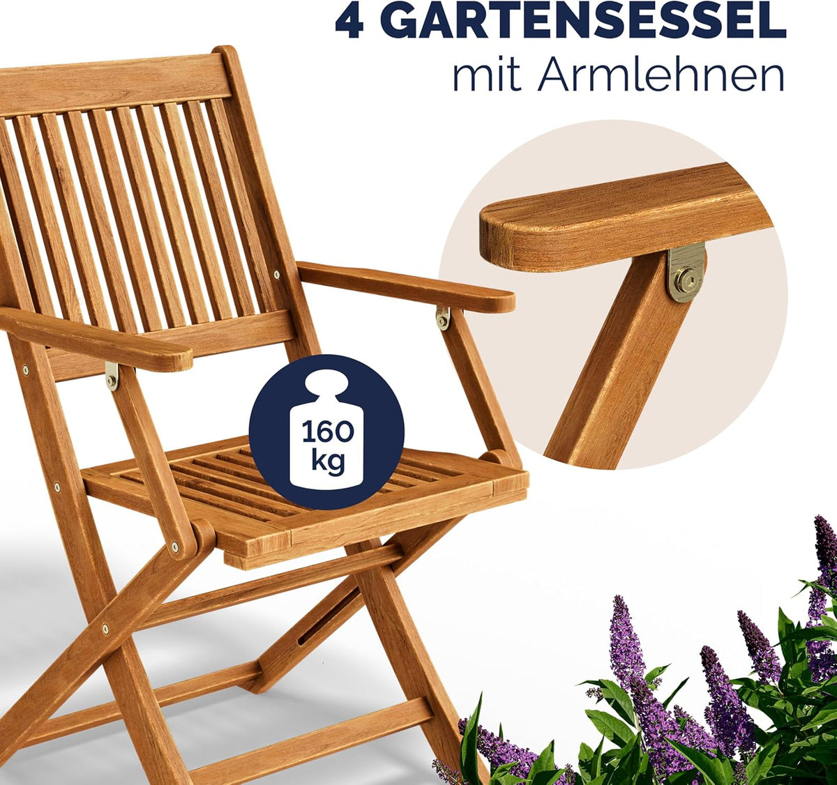 Casaria Set de 4 sillas de jardín Sydney, madera de acacia certificada FSC®, silla plegable, respaldo alto, sillón de jardín plegable