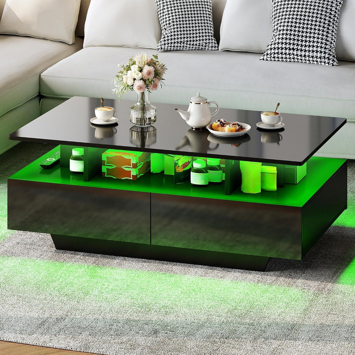 Mesa de centro YITAHOME negra, mesa de salón de alto brillo con iluminación LED de 16 colores moderna, mesa auxiliar negra con estante abierto y 4 cajones extraíbles 90x55x41,1 cm