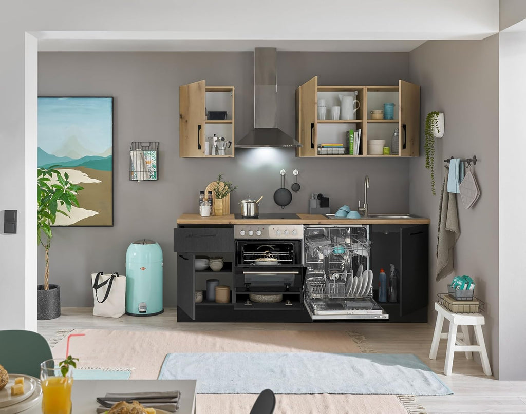 Stella Trading Turin Z Cocina compacta 220 x 211 x 60 cm, negro - Sin electrodomésticos - Cocina moderna y espaciosa en aspecto de roble Artisan con mucho espacio de almacenamiento