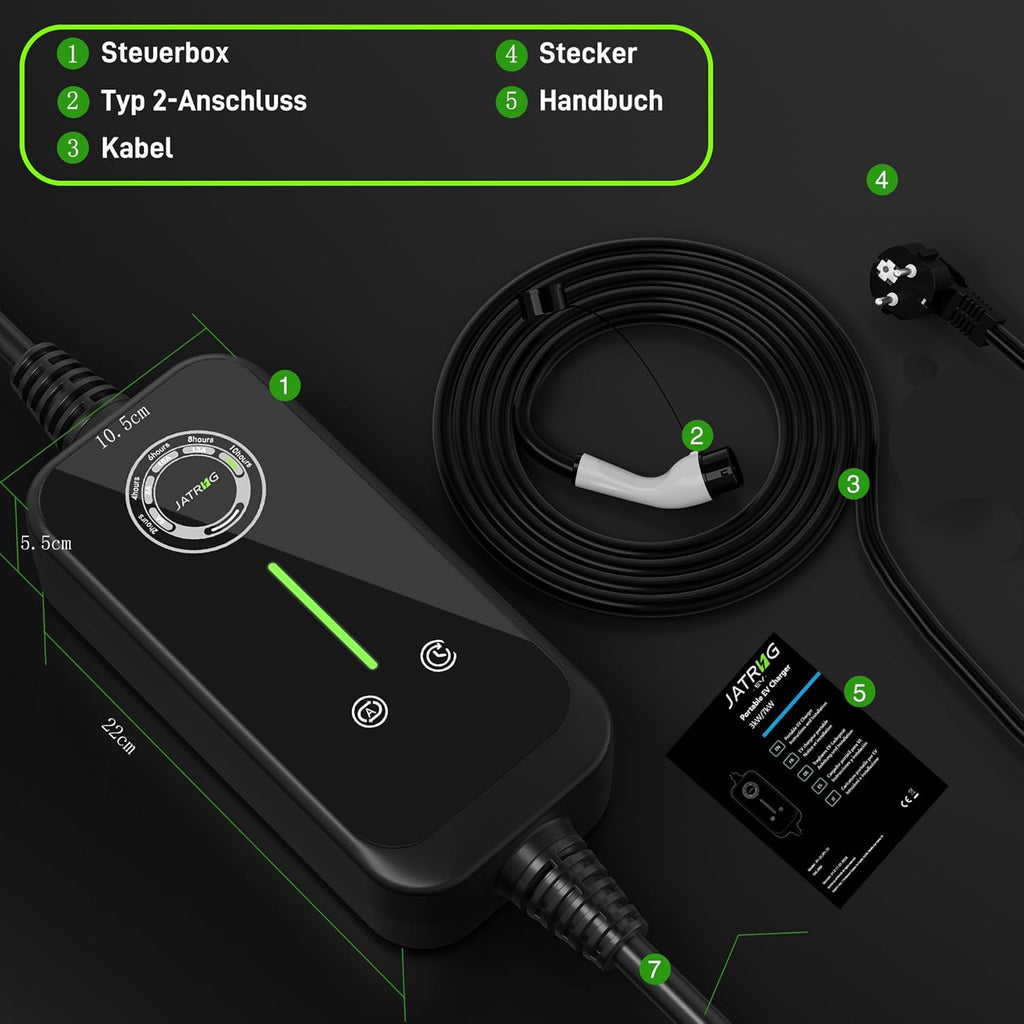 Oryxearth JATRHG Cargador EV de 3,6 kW Tipo 2 16 A, cable de 5 m, portátil y monofásico - Estación de carga para coches eléctricos (P1 3,6 kW 5 m)