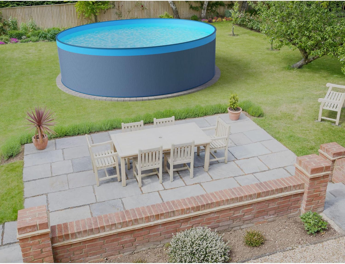 Set de piscina de pared de acero Planet Pool (5 piezas) redondo 450x120 cm, acero 0,4 mm antracita, lámina 0,3 mm azul, solapado