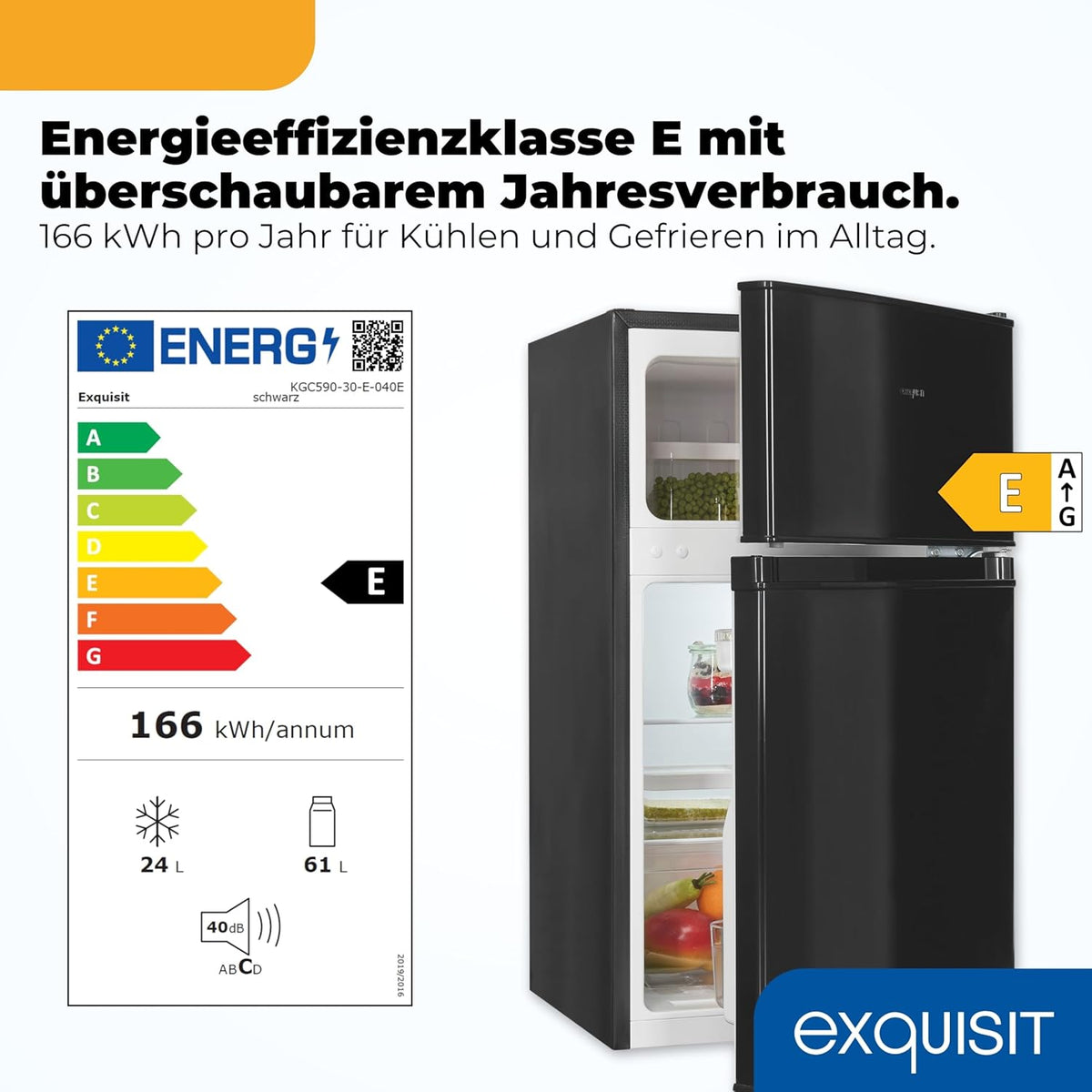 Frigorífico combi Exquisit | 85 l de capacidad útil, clase energética E, 40 dB(A) | diseño compacto, congelador de 4 estrellas, iluminación LED, control electrónico de temperatura | KGC590-30-E-040E negro