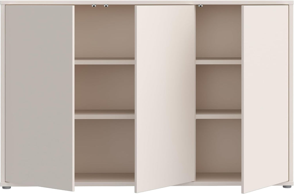 Cómoda Forte Alice Springs 150 155, aparador grande con 3 puertas de armario, pasillo, salón, dormitorio, madera de ingeniería, beige cachemira, 154,2 cm de ancho x 99,1 cm de alto x 34,9 cm de profundidad