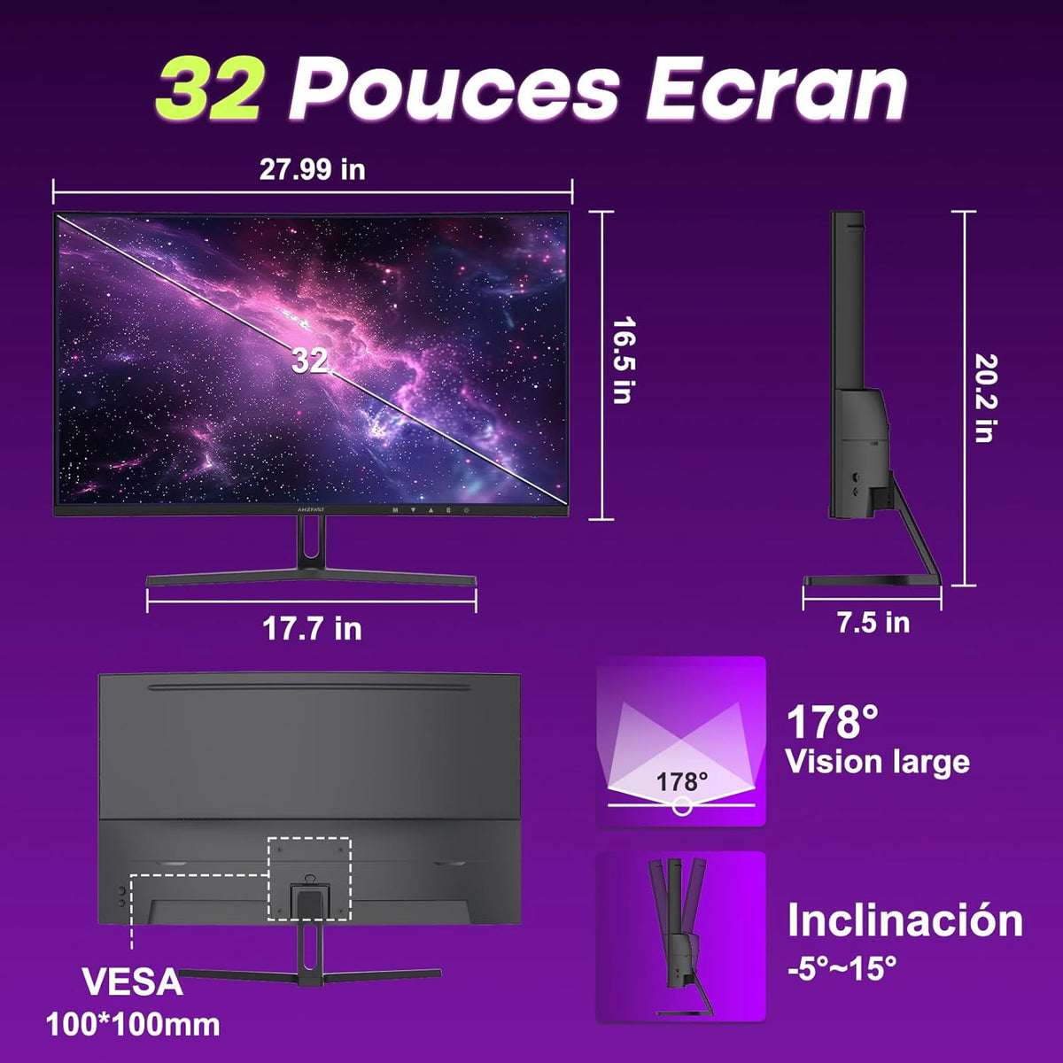 Monitor Gaming Curvo Amzfast de 32 Pulgadas, QHD, 180Hz, 1MS MPRT, 1500R, AI Cross Hair, Adaptive Sync, Antiluz Azul, HDR, HDMI 2.0/DP 1.4, VESA 100 * 100, AMZG32C1Q