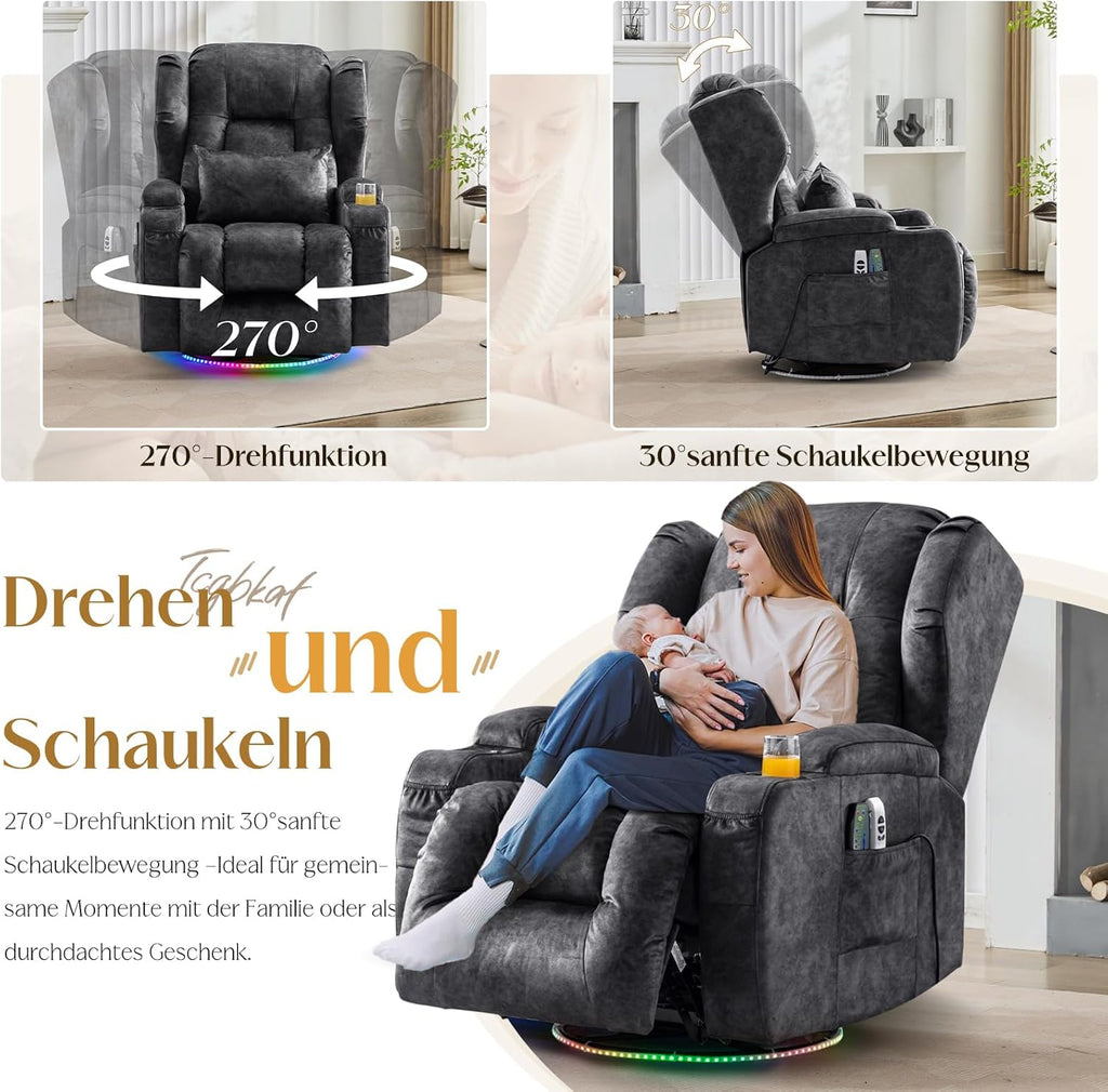 Sillón reclinable eléctrico, sillón relax con función de tumbona, sillón giratorio 240°, sillón de cine, sillón de masaje con función de calor, sillón de TV para salón hasta 150 kg (tejido de terciopelo, gris)