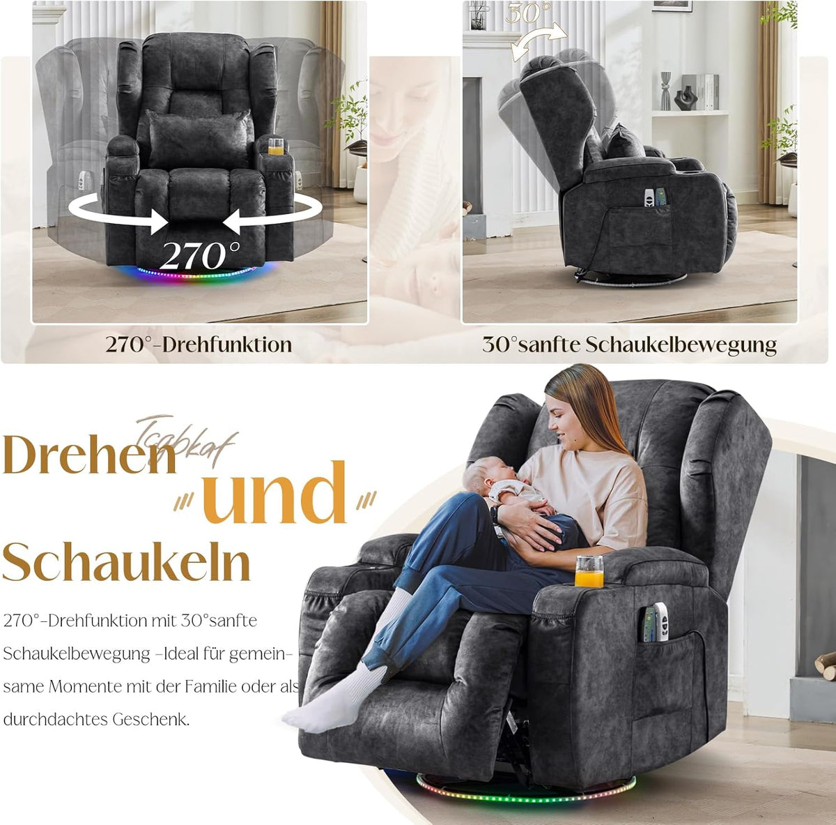 Sillón reclinable eléctrico, sillón relax con función de tumbona, sillón giratorio 240°, sillón de cine, sillón de masaje con función de calor, sillón de TV para salón hasta 150 kg (tejido de terciopelo, gris)