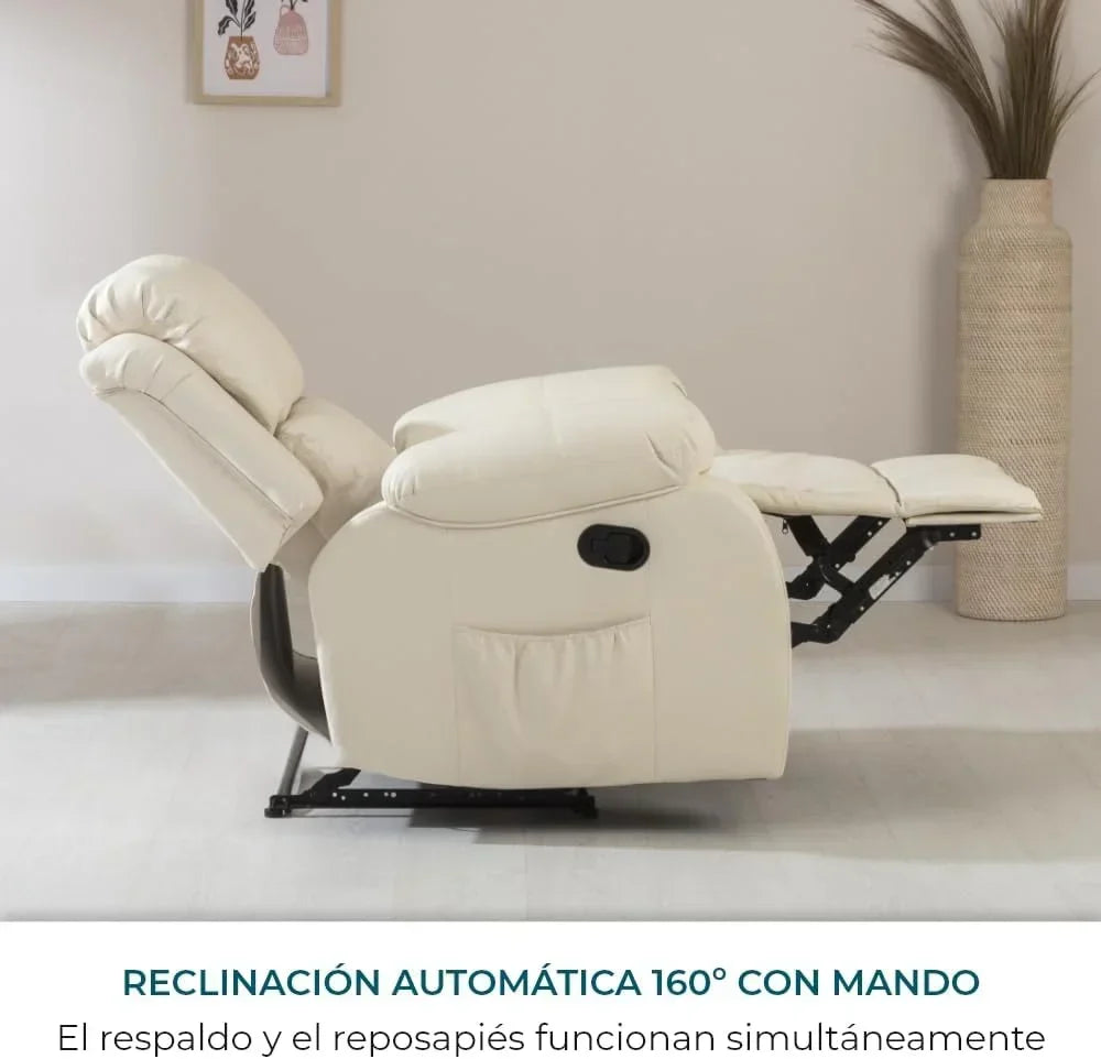 Don Descanso - Sillón Relax Masaje Calor Trevi Negro Reclinable 160º con 8 Motores Silenciosos, Calor Lumbar, Sistema de Masaje de 4 Zonas y Acabado en PU Anti-Cuarteo [Incluye Mando]. Ideal para Personas Mayores