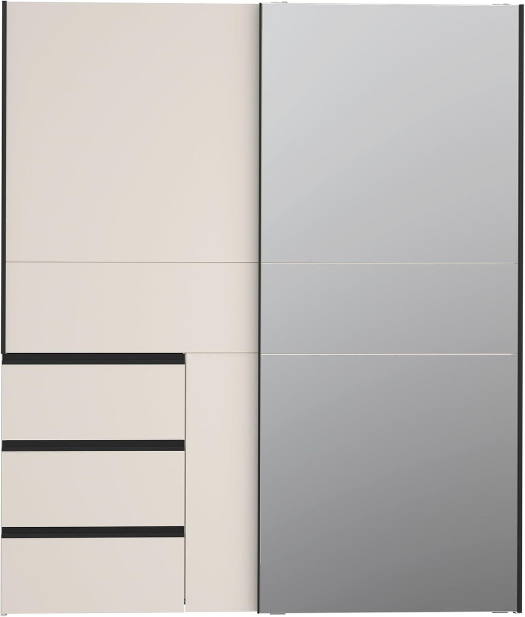 Armario moderno Forte Winn 2 de 170, armario con puertas correderas y espejo, 2 puertas, 3 cajones, madera, cachemira|beige, 170,3 cm de ancho x 200,5 cm de alto x 61,2 cm de fondo