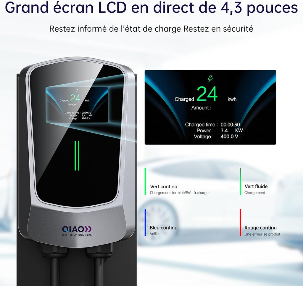 QIAO)) Cargador de vehículo eléctrico de 7,4 kW tipo 2 con cable de carga de 7 m, aplicación inteligente, pantalla LCD de 4,3", estación de carga para coche eléctrico de hasta 32 A, cargador tipo wallbox para montaje en pared con soporte para cable EV