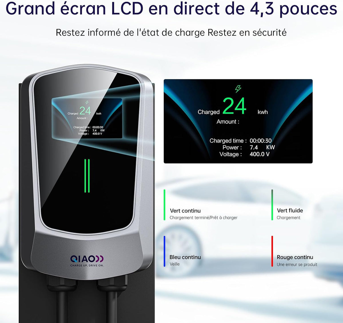 QIAO)) Cargador de vehículo eléctrico de 7,4 kW tipo 2 con cable de carga de 7 m, aplicación inteligente, pantalla LCD de 4,3", estación de carga para coche eléctrico de hasta 32 A, cargador tipo wallbox para montaje en pared con soporte para cable EV