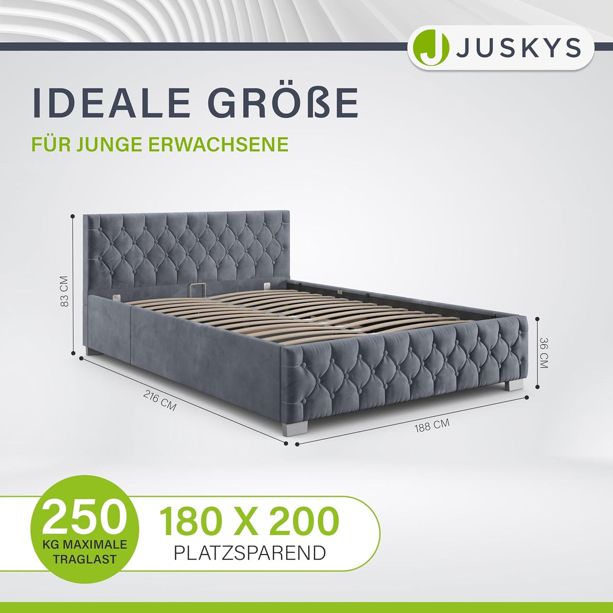 Cama tapizada Juskys Nizza 180x200 cm con colchón, estructura de cama con somier, almacenamiento y luz LED, tapizado de terciopelo, capitoné estilo Chesterfield, gris