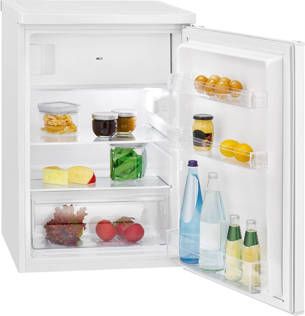 Refrigerador con congelador pequeño Bomann® | Refrigerador con 2 estantes | silencioso | con congelador de 4 estrellas | refrigerador pequeño con compartimento para frutas y verduras | bisagra de puerta reversible | KS 7251 blanco