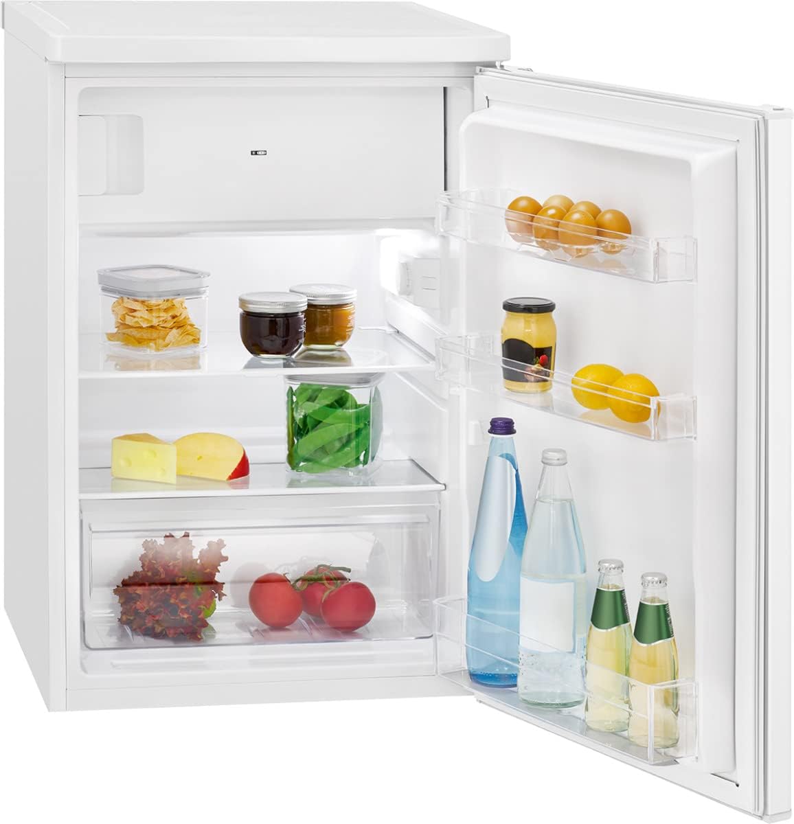 Refrigerador con congelador pequeño Bomann® | Refrigerador con 2 estantes | silencioso | con congelador de 4 estrellas | refrigerador pequeño con compartimento para frutas y verduras | bisagra de puerta reversible | KS 7251 blanco