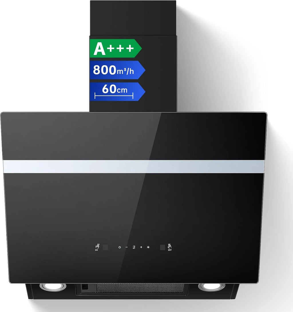 TopStrong Okap kuchenny 60 cm, 800 m³/h, obieg powietrza wylotowego z filtrem z węglem aktywnym, A+++, cichy okap z oświetleniem LED, okapy ścienne, 3 stopnie + ekran dotykowy Booster, silnik