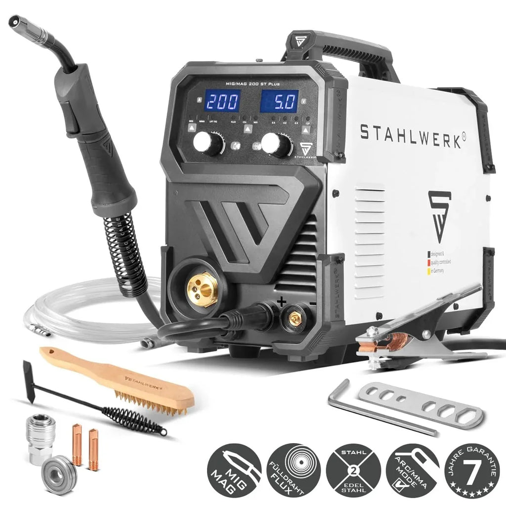 Soldadora MIG/MAG 200 ST con gas de protección, inversor IGBT, 200 A, alimentación de hilo sinérgica, FLUX, Lift TIG, MMA