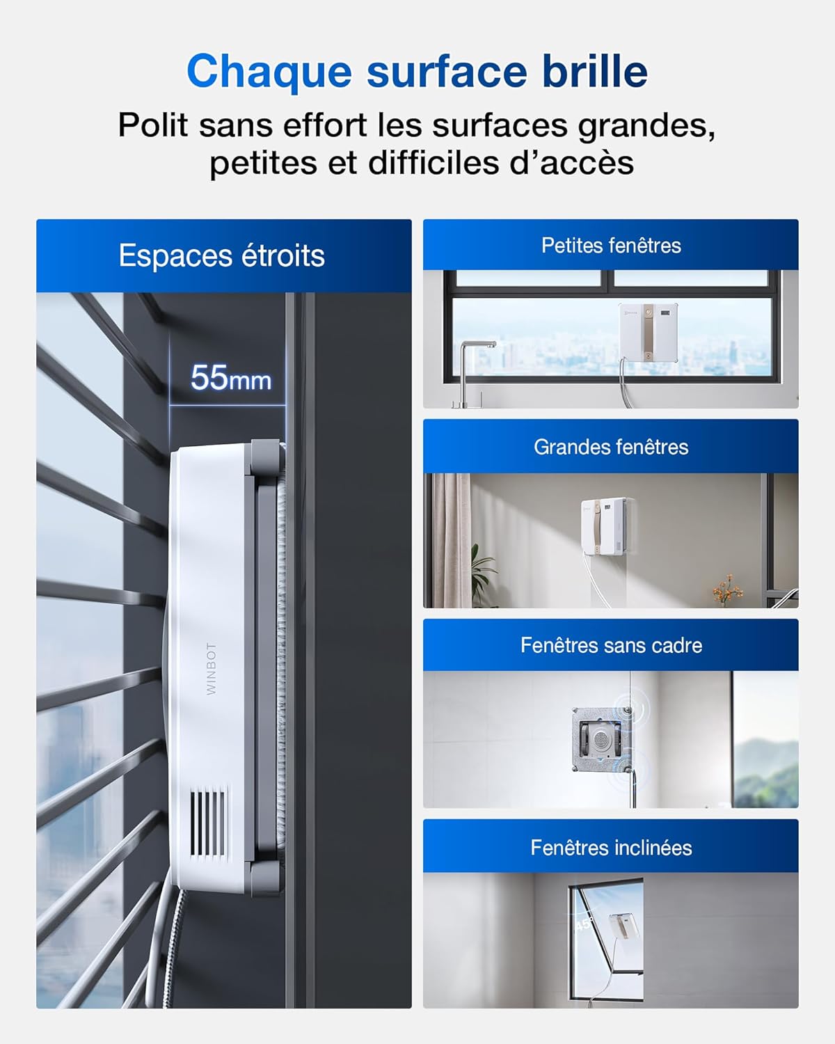 Robot limpiacristales ECOVACS WINBOT Mini, diseño compacto, boquillas dobles con pulverización ultrasónica, sistema de protección de 9 etapas, planificación inteligente de la trayectoria, blanco
