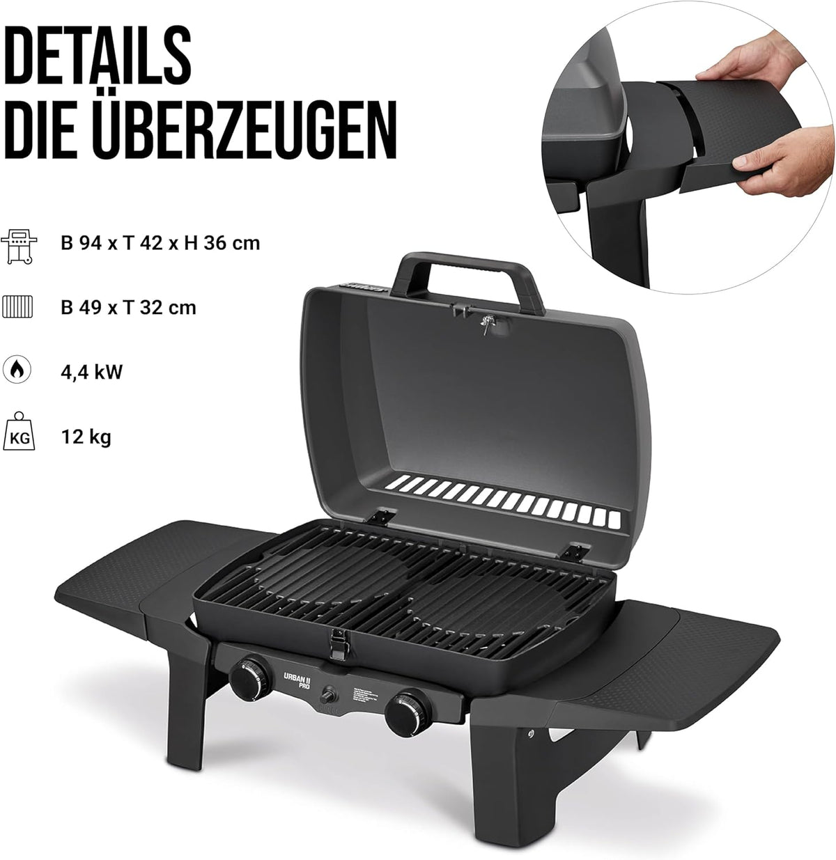 EndersGasgrill Urban II Pro, parrilla de mesa, función de asado, cocción y horneado, 2 quemadores de acero inoxidable, con termómetro para parrilla, parrilla para balcón y camping, carcasa de aluminio fundido, rejilla de hierro fundido, #2062