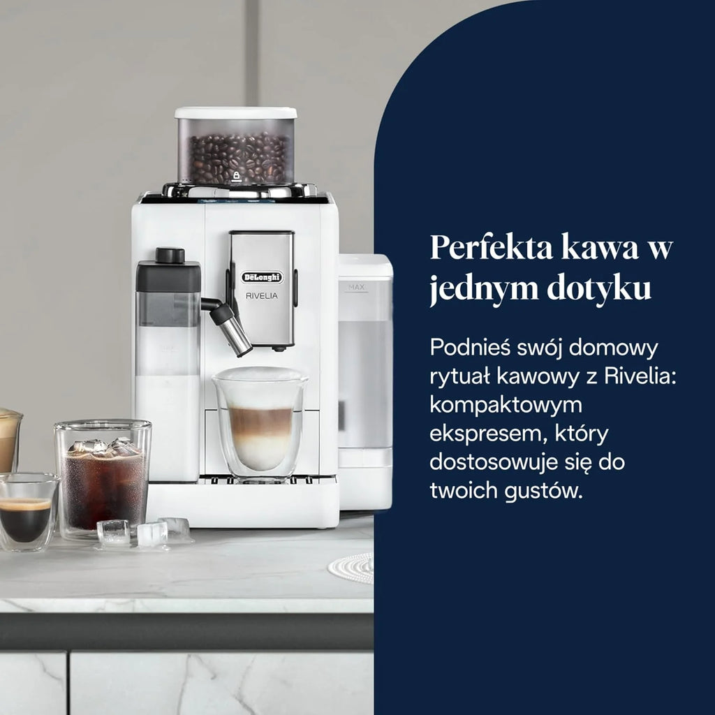 De'Longhi Rivelia EXAM440.55.W, superautomatyczny ekspres do kawy z LatteCrema Hot, automatyczny spieniacz do mleka, kompaktowy rozmiar, 16 przepisów, kolorowy ekran dotykowy, arktyczna biel