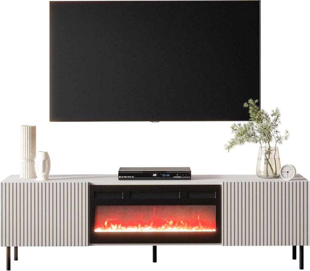 Mueble de TV Mirjan24 Arypot 2D con chimenea eléctrica, sistema sin tiradores, frente fresado, mueble bajo para TV, llama LED realista, cristales decorativos, función de calefacción, control remoto (Cachemira).