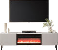 Mueble de TV Mirjan24 Arypot 2D con chimenea eléctrica, sistema sin tiradores, frente fresado, mueble bajo para TV, llama LED realista, cristales decorativos, función de calefacción, control remoto (Cachemira).