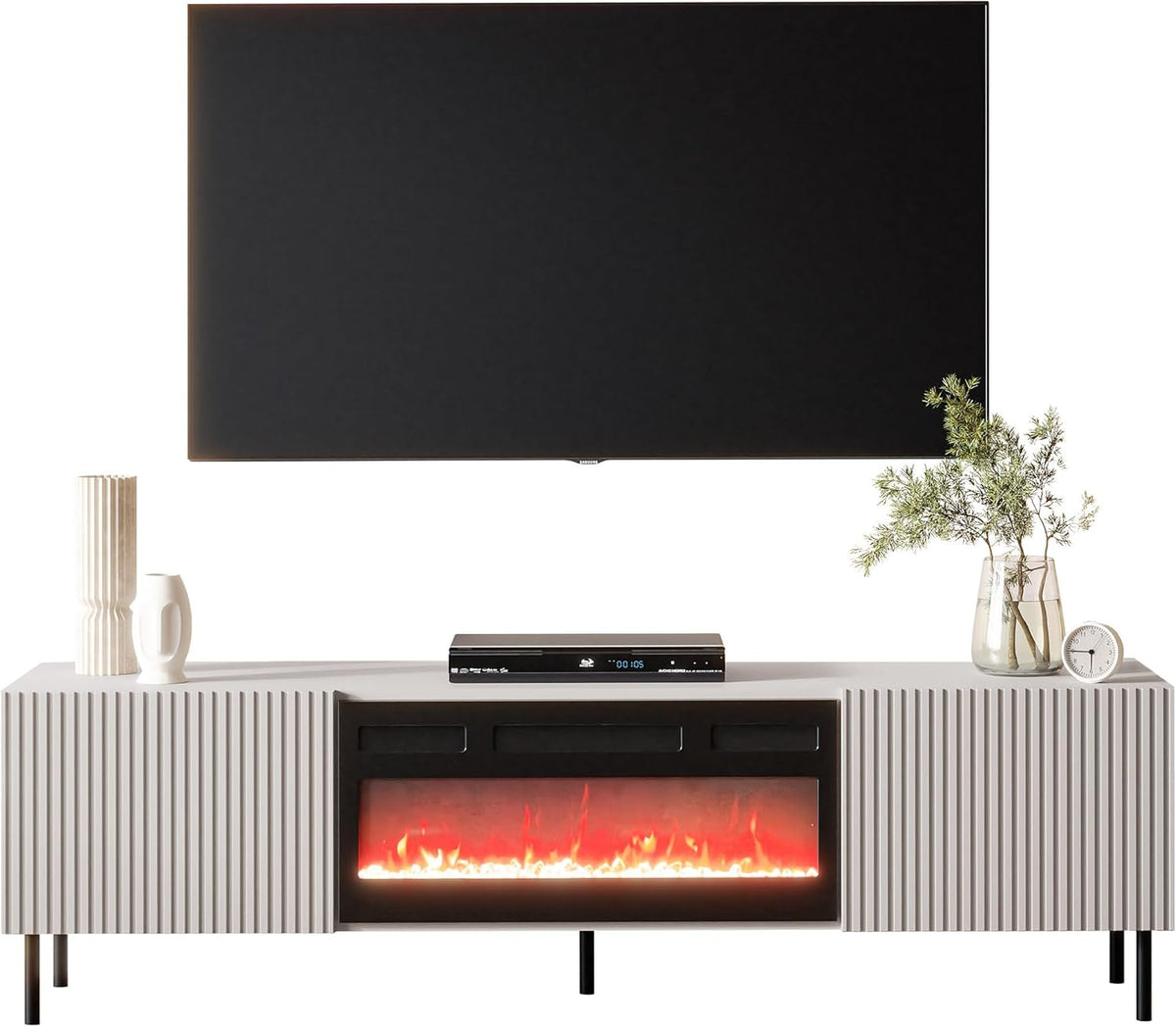 Mueble de TV Mirjan24 Arypot 2D con chimenea eléctrica, sistema sin tiradores, frente fresado, mueble bajo para TV, llama LED realista, cristales decorativos, función de calefacción, control remoto (Cachemira).