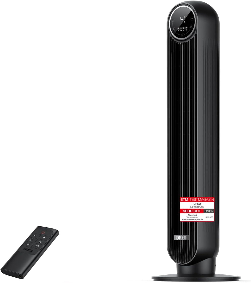 Ventilador de torre Dreo para dormitorio, velocidad de 7,6 m/s, ventilador de pie silencioso de 20 dB, ventilador oscilante de 90° con 4 velocidades, 4 modos, temporizador de 8 h, Nomad One, negro