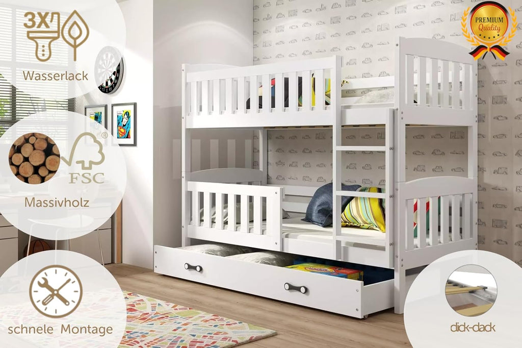 Interbeds Litera 200x90cm cama alta cama doble con cajón cama de madera de pino cama infantil cama juvenil con somier y barrera de seguridad (blanco, 200x90)
