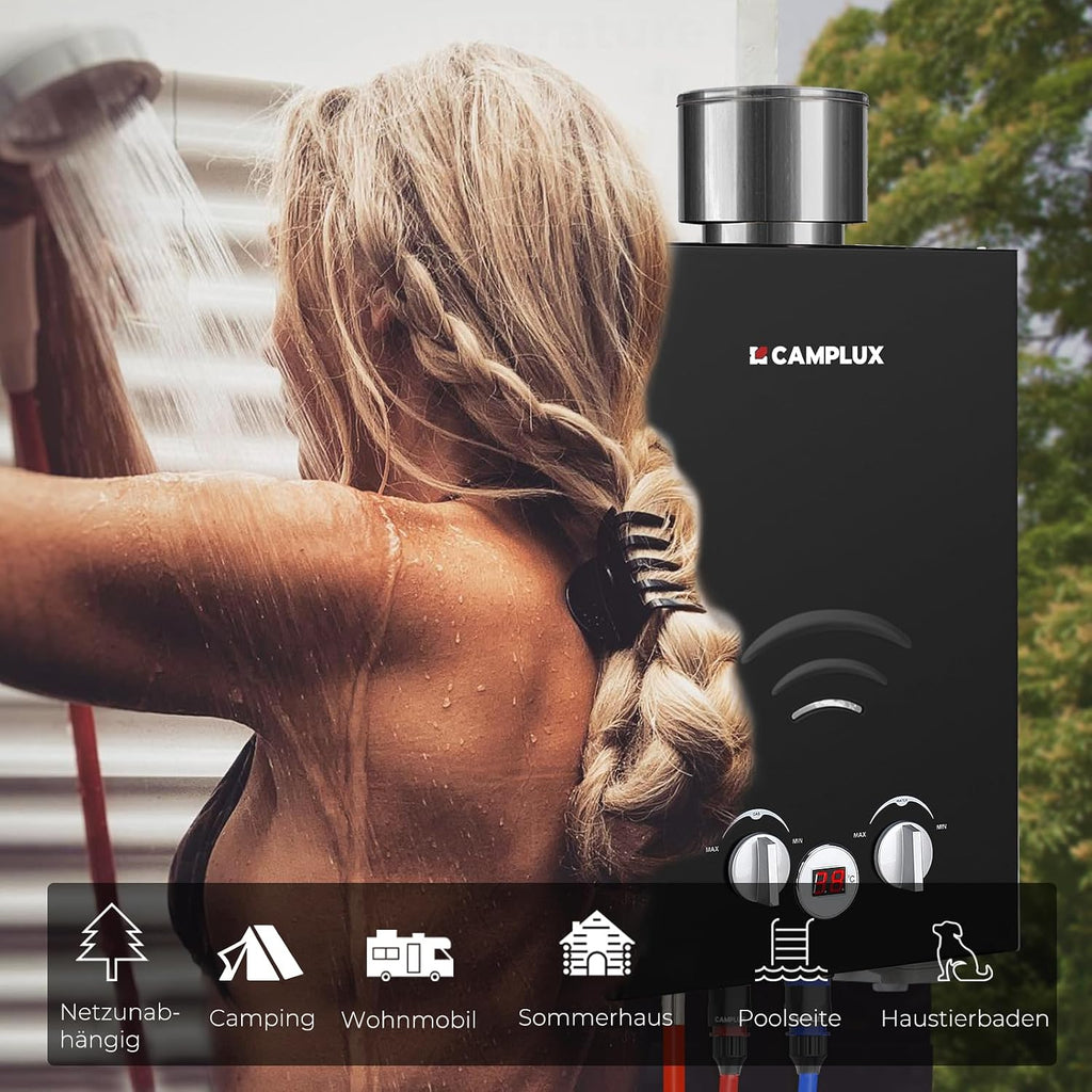 CAMPLUX BW158BC-DE Calentador de agua a gas sin tanque con cubierta impermeable, calentador portátil de GLP, 6 litros, 12 kW, 50 mbar, ducha de camping