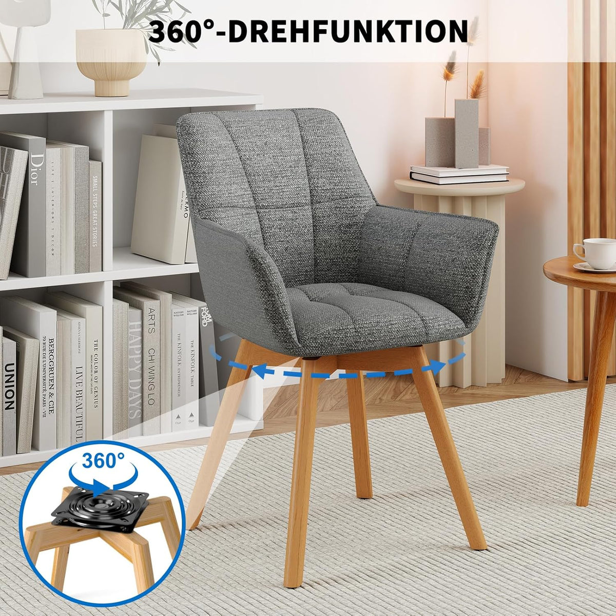 WAFTING Juego de 6 sillas de comedor giratorias, silla giratoria de 360° con reposabrazos y patas de madera, silla tapizada de terciopelo para comedor, sala de estar, cocina, dormitorio, gris oscuro