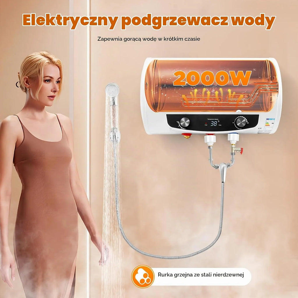 Elektryczny zbiornik ciepłej wody o pojemności 35 l, moc grzewcza 2000 W, bojler ciepłej wody, ochrona przed wyciekiem, ulepszone poziome zawieszenie ścienne 25-75°C bojler wodny [klasa